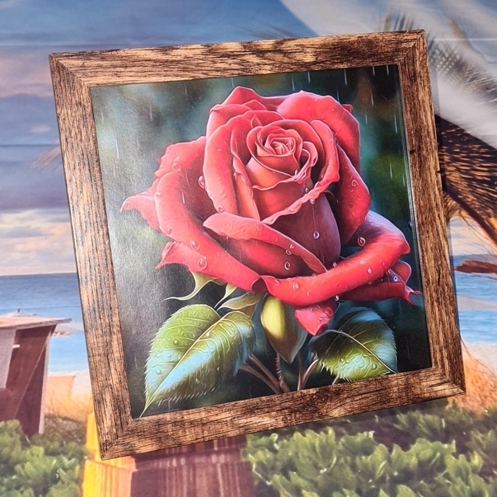 8x8 Single‎ Red Rose Gorgeous Watercolor Oil Painting Framed Art Print